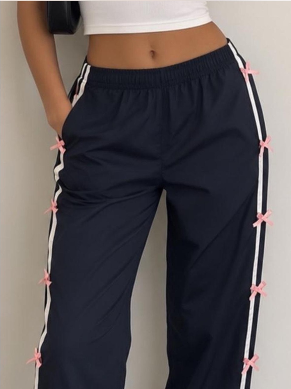 Edikted Navy Track Pants with White Stripes & Pink Bows
